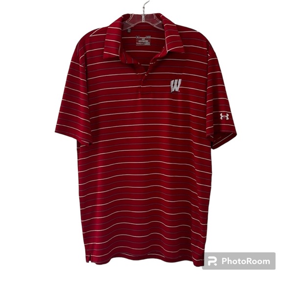 Under Armour Red, White & Gray Stripe Wisconsin Badger Polo Shirt Size L… - Picture 1 of 10